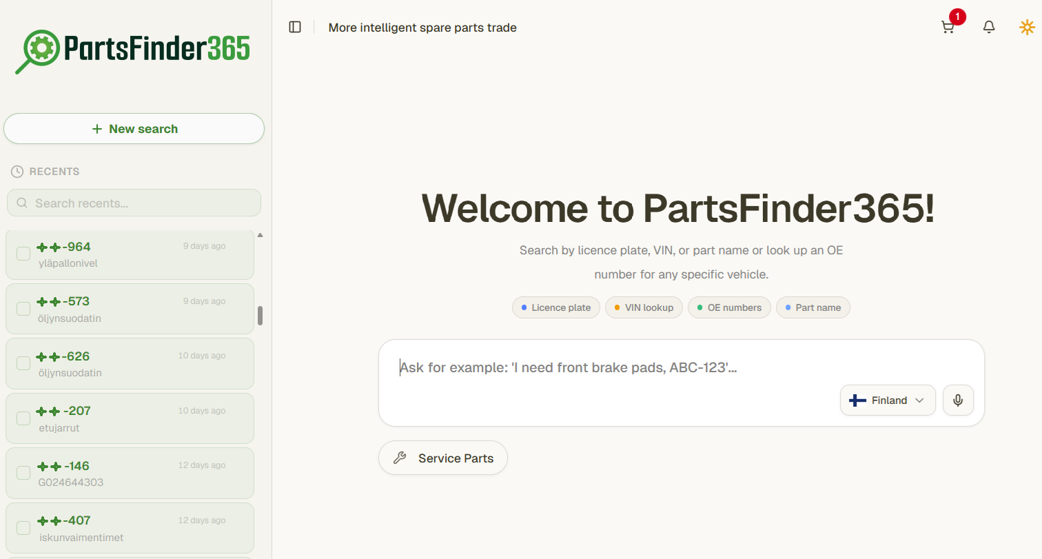 PartsFinder365 chat: search by registration number, VIN, OE number or part name