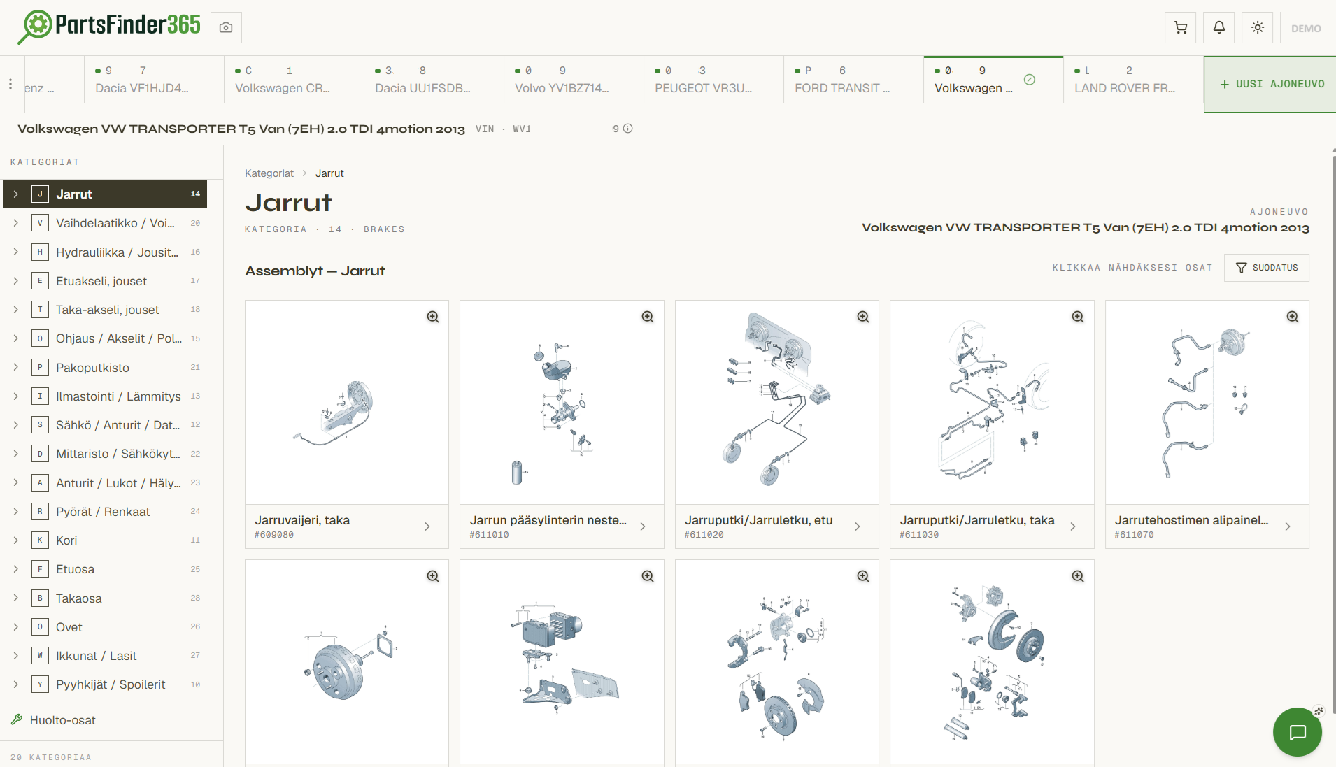 PartsFinder365 catalogue: categories and brake assembly diagrams for a Volkswagen Transporter